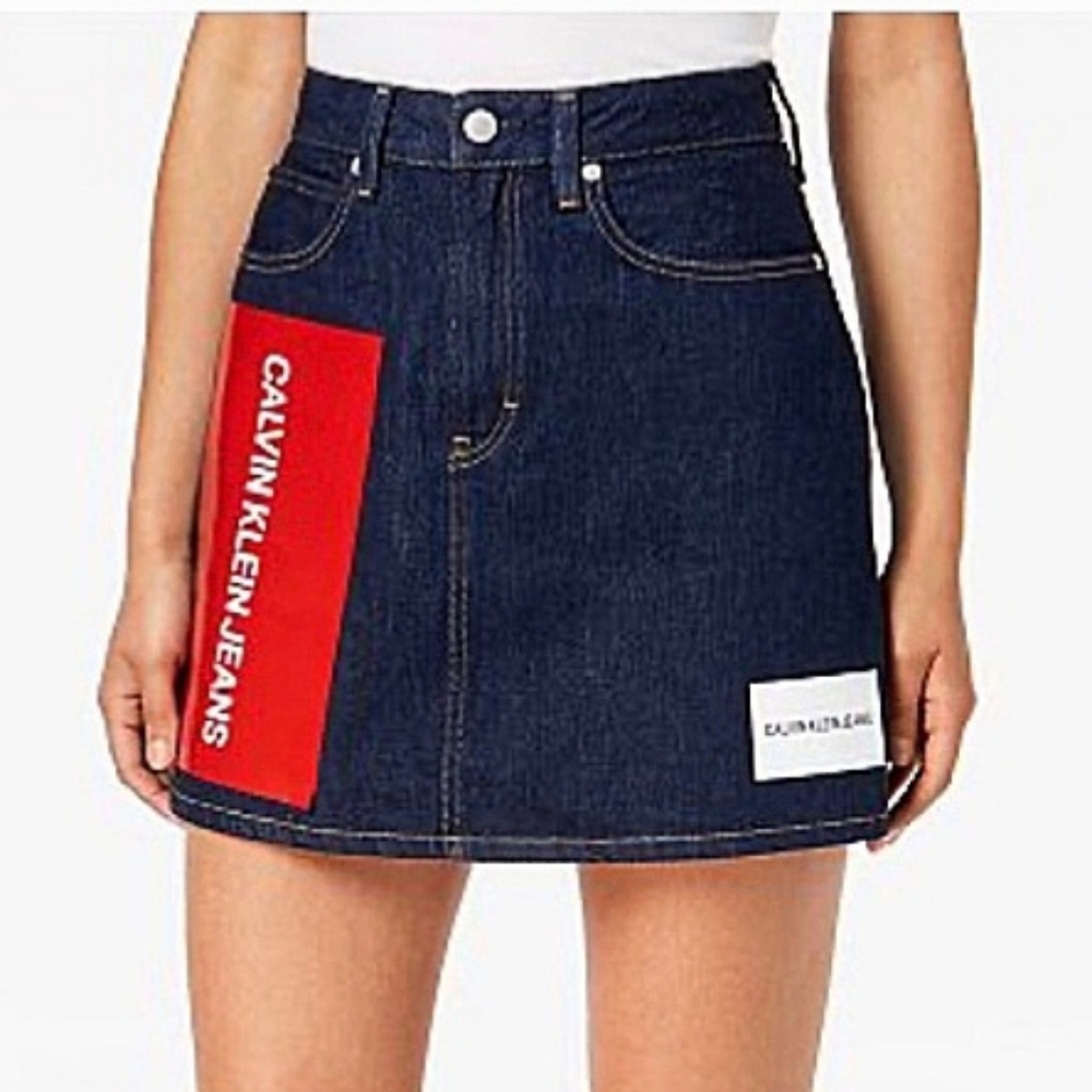 Calvin Klein Logo Block Color Block Stretch Denim Mini Skirt Women's Sz 27